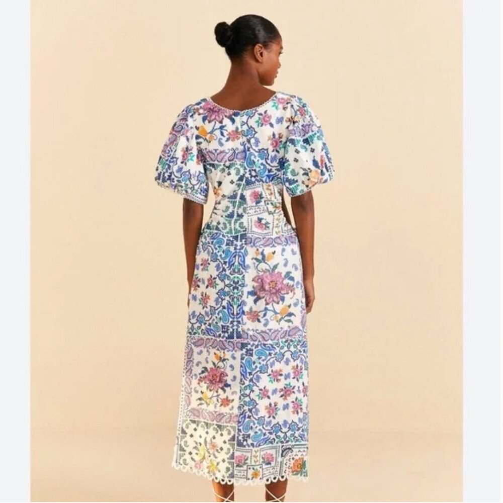 Farm Rio Romantic Bandanas Puffy Sleeves Midi Dress - Picture 2 of 15